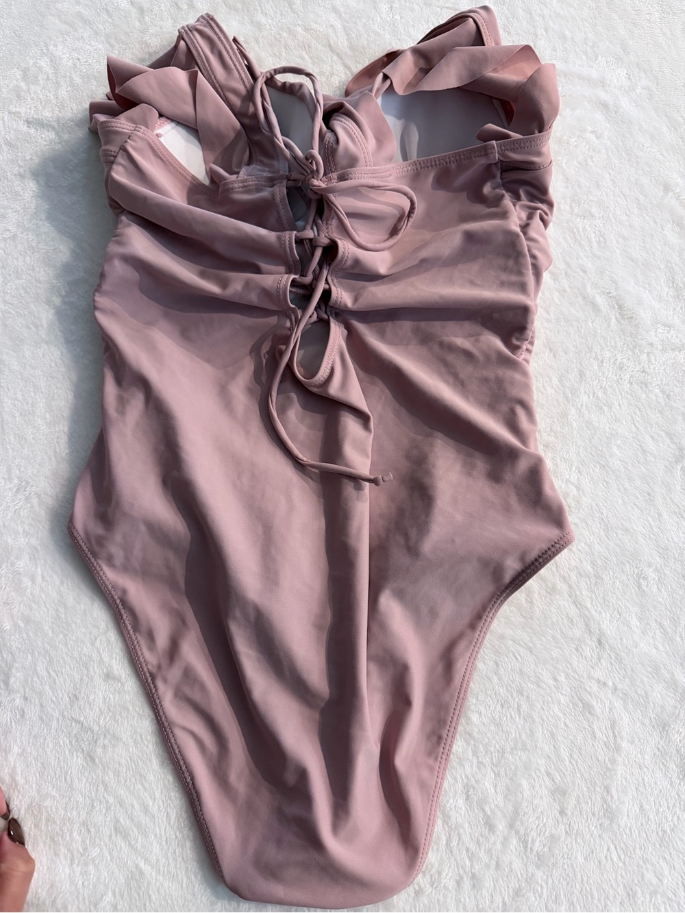 SHEIN Mauve Pink Ruffle Lace-Up One-Piece Swimsuit